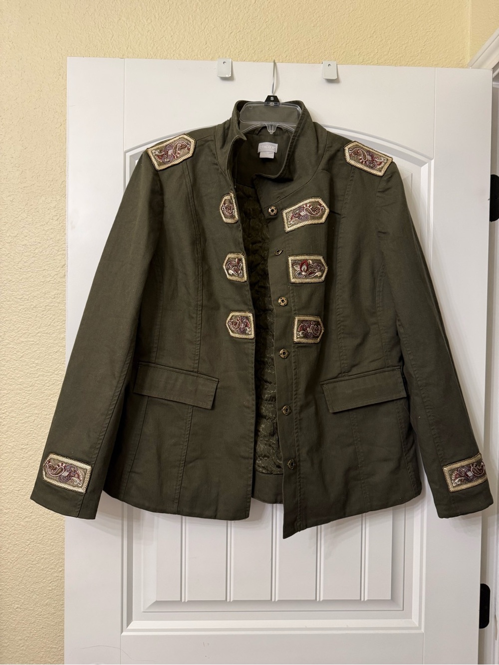 Chico's Olive Green Military-Inspired Embroidered Patch Jacket